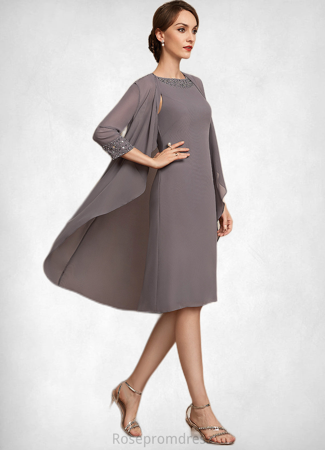 Lydia A-Line Scoop Neck Knee-Length Chiffon Mother of the Bride Dress With Beading SRS126P0014654