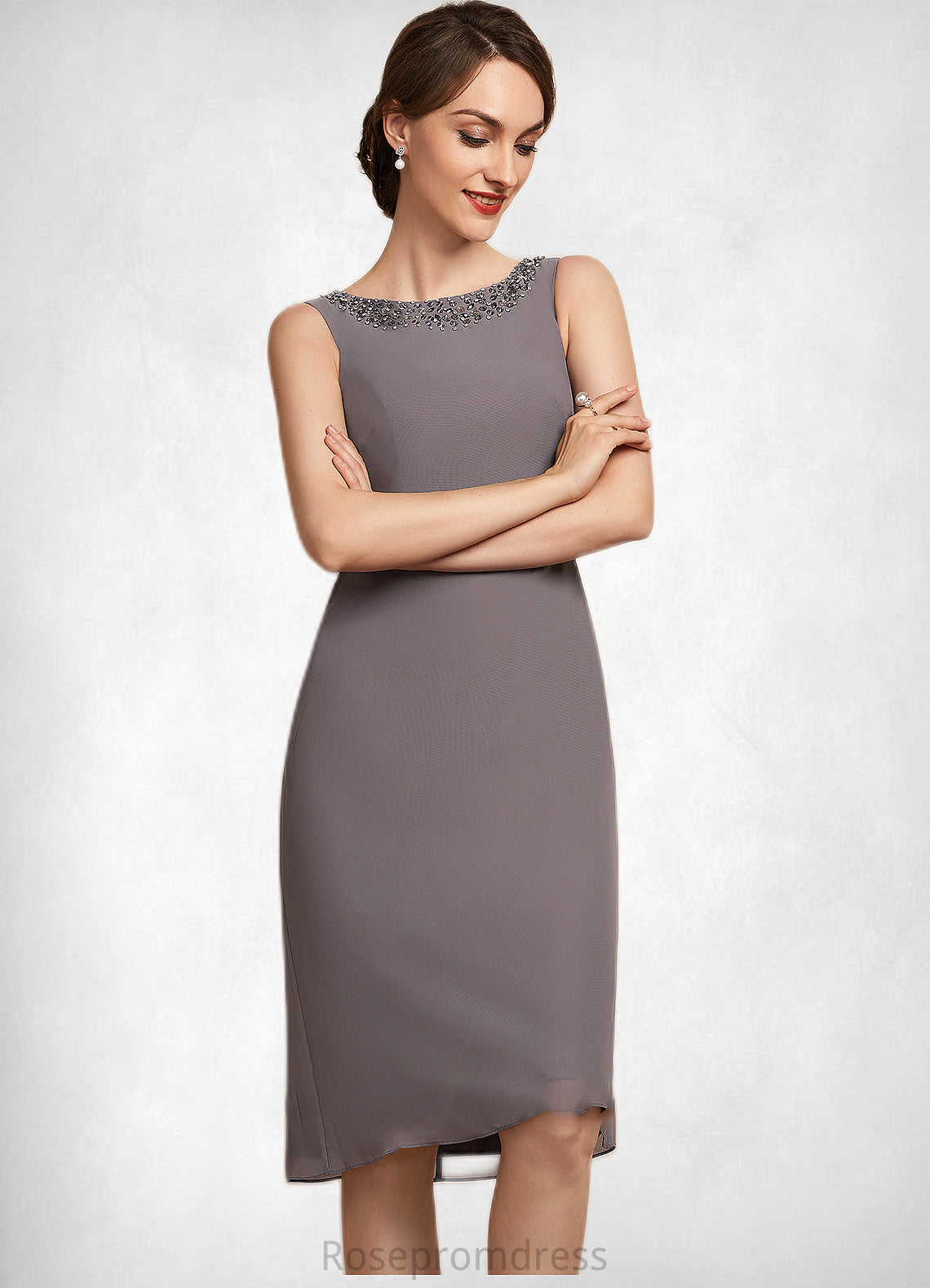 Lydia A-Line Scoop Neck Knee-Length Chiffon Mother of the Bride Dress With Beading SRS126P0014654