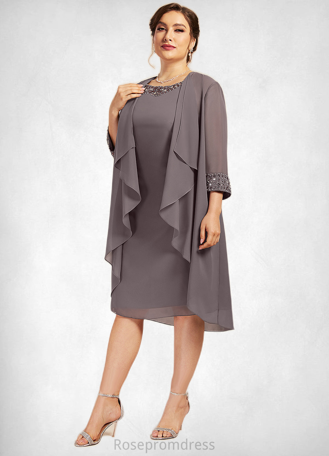 Lydia A-Line Scoop Neck Knee-Length Chiffon Mother of the Bride Dress With Beading SRS126P0014654
