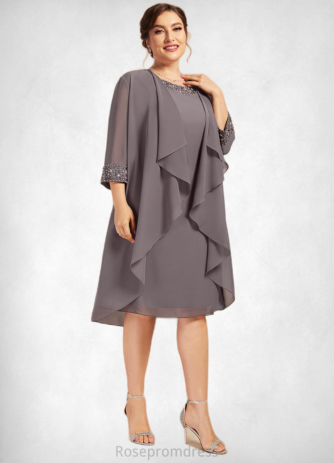 Lydia A-Line Scoop Neck Knee-Length Chiffon Mother of the Bride Dress With Beading SRS126P0014654