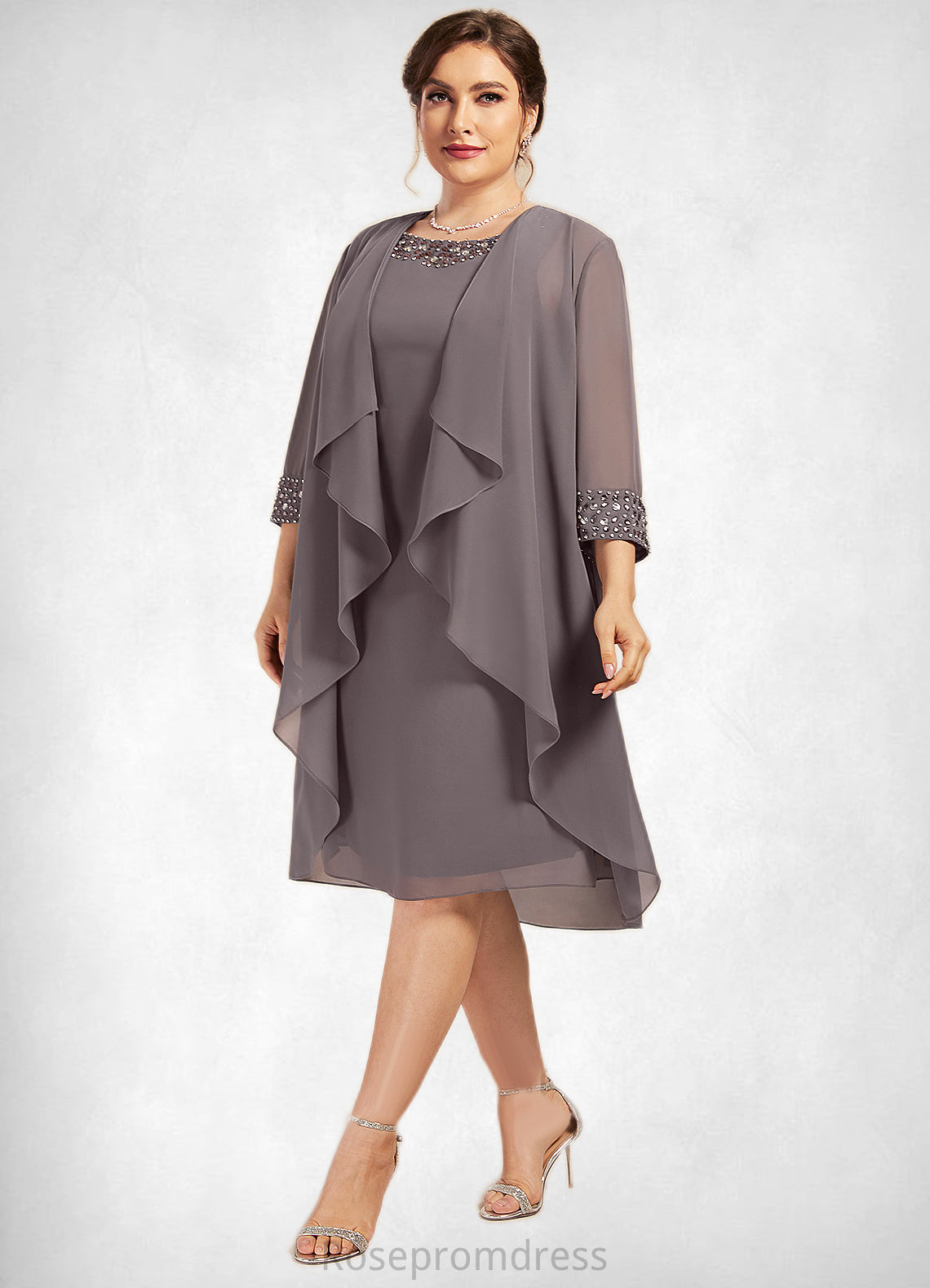 Lydia A-Line Scoop Neck Knee-Length Chiffon Mother of the Bride Dress With Beading SRS126P0014654