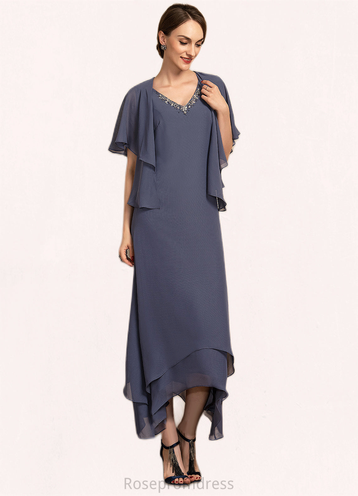 Chaya A-line V-Neck Ankle-Length Chiffon Mother of the Bride Dress With Beading SRS126P0014655