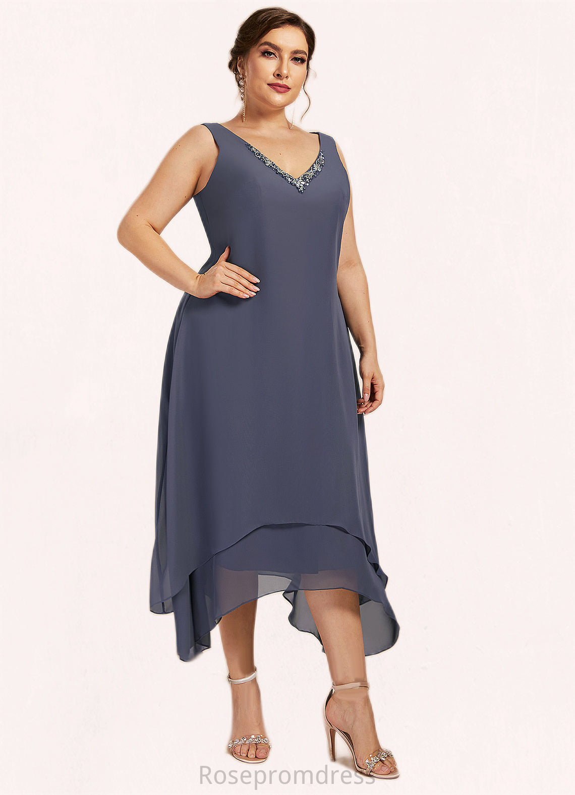 Chaya A-line V-Neck Ankle-Length Chiffon Mother of the Bride Dress With Beading SRS126P0014655