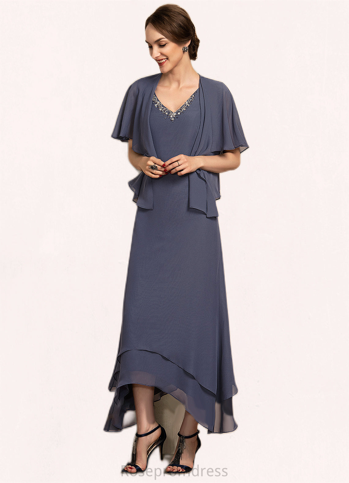 Chaya A-line V-Neck Ankle-Length Chiffon Mother of the Bride Dress With Beading SRS126P0014655