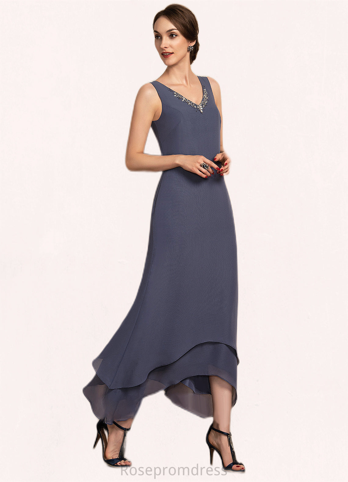 Chaya A-line V-Neck Ankle-Length Chiffon Mother of the Bride Dress With Beading SRS126P0014655