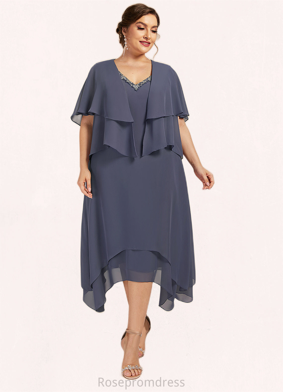 Chaya A-line V-Neck Ankle-Length Chiffon Mother of the Bride Dress With Beading SRS126P0014655