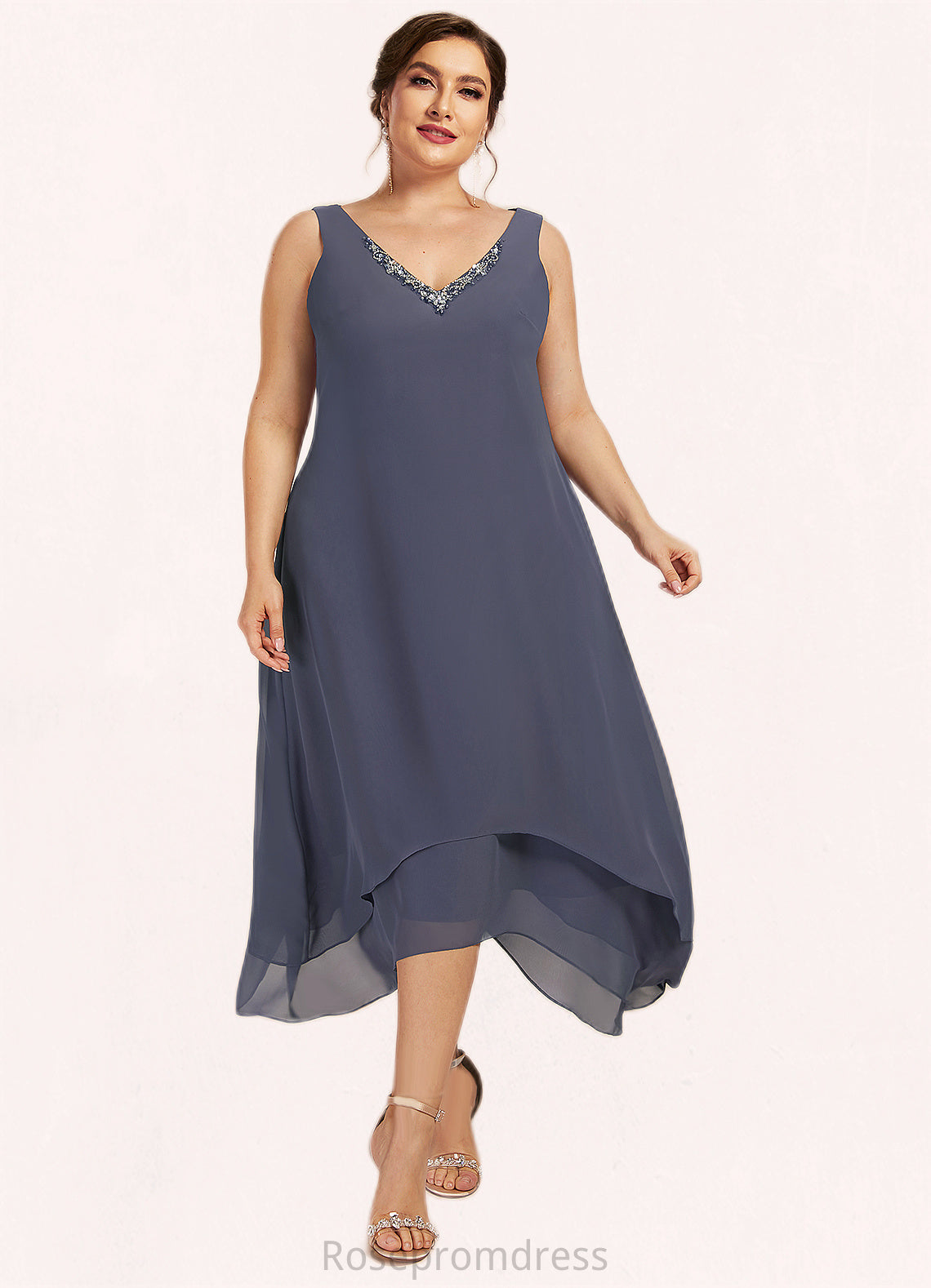 Chaya A-line V-Neck Ankle-Length Chiffon Mother of the Bride Dress With Beading SRS126P0014655