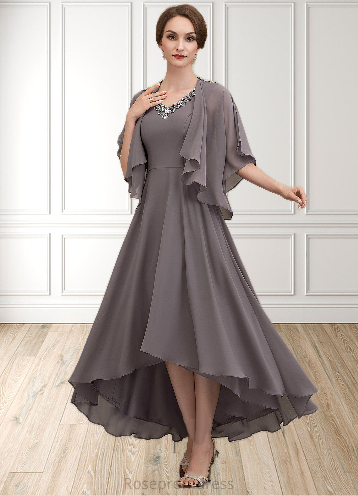 Eva A-line V-Neck Asymmetrical Chiffon Mother of the Bride Dress With Beading Sequins SRS126P0014656