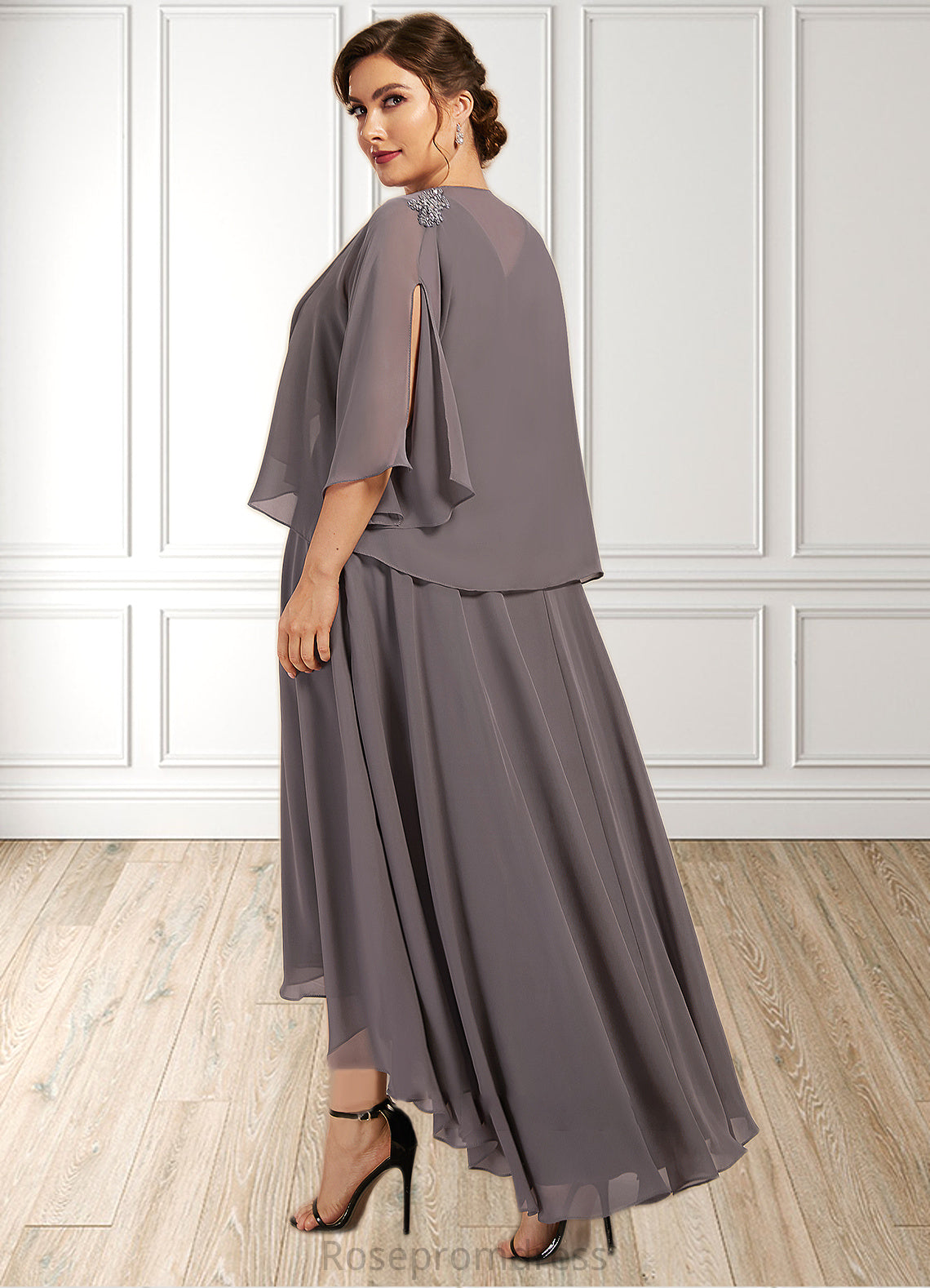 Eva A-line V-Neck Asymmetrical Chiffon Mother of the Bride Dress With Beading Sequins SRS126P0014656