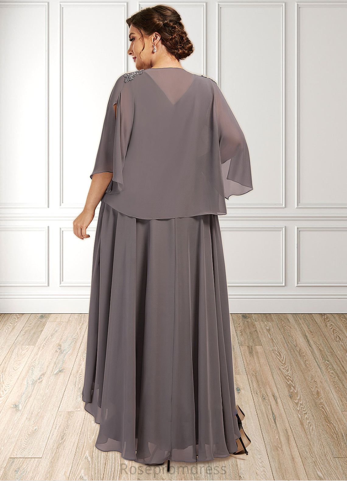 Eva A-line V-Neck Asymmetrical Chiffon Mother of the Bride Dress With Beading Sequins SRS126P0014656
