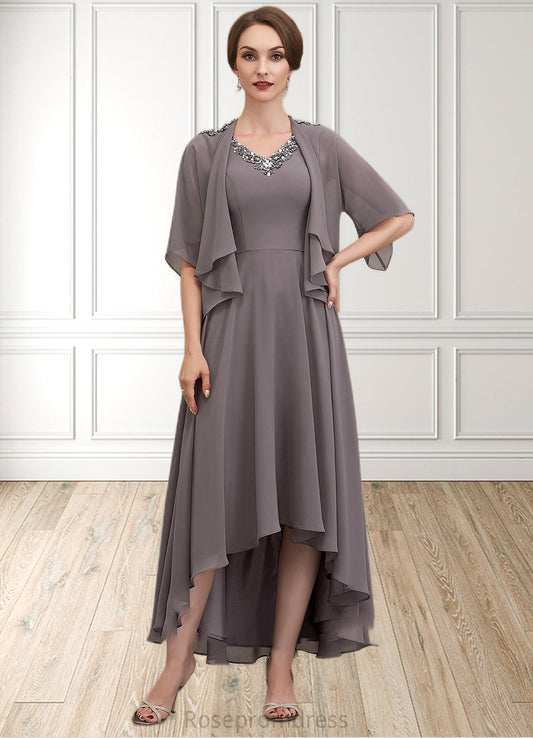Eva A-line V-Neck Asymmetrical Chiffon Mother of the Bride Dress With Beading Sequins SRS126P0014656