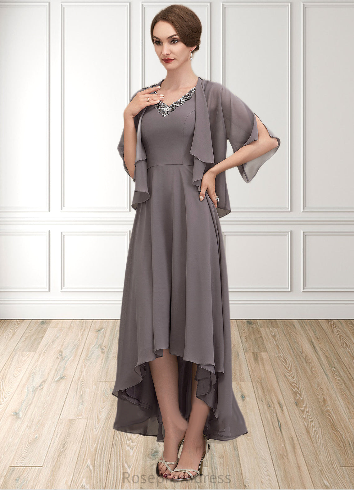 Eva A-line V-Neck Asymmetrical Chiffon Mother of the Bride Dress With Beading Sequins SRS126P0014656