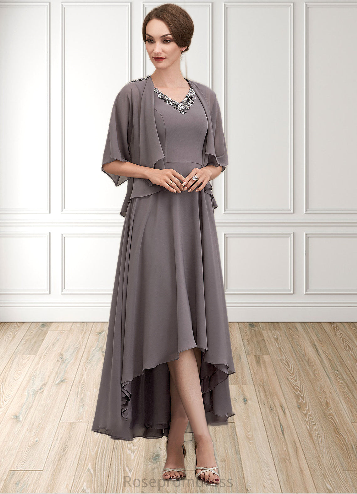 Eva A-line V-Neck Asymmetrical Chiffon Mother of the Bride Dress With Beading Sequins SRS126P0014656