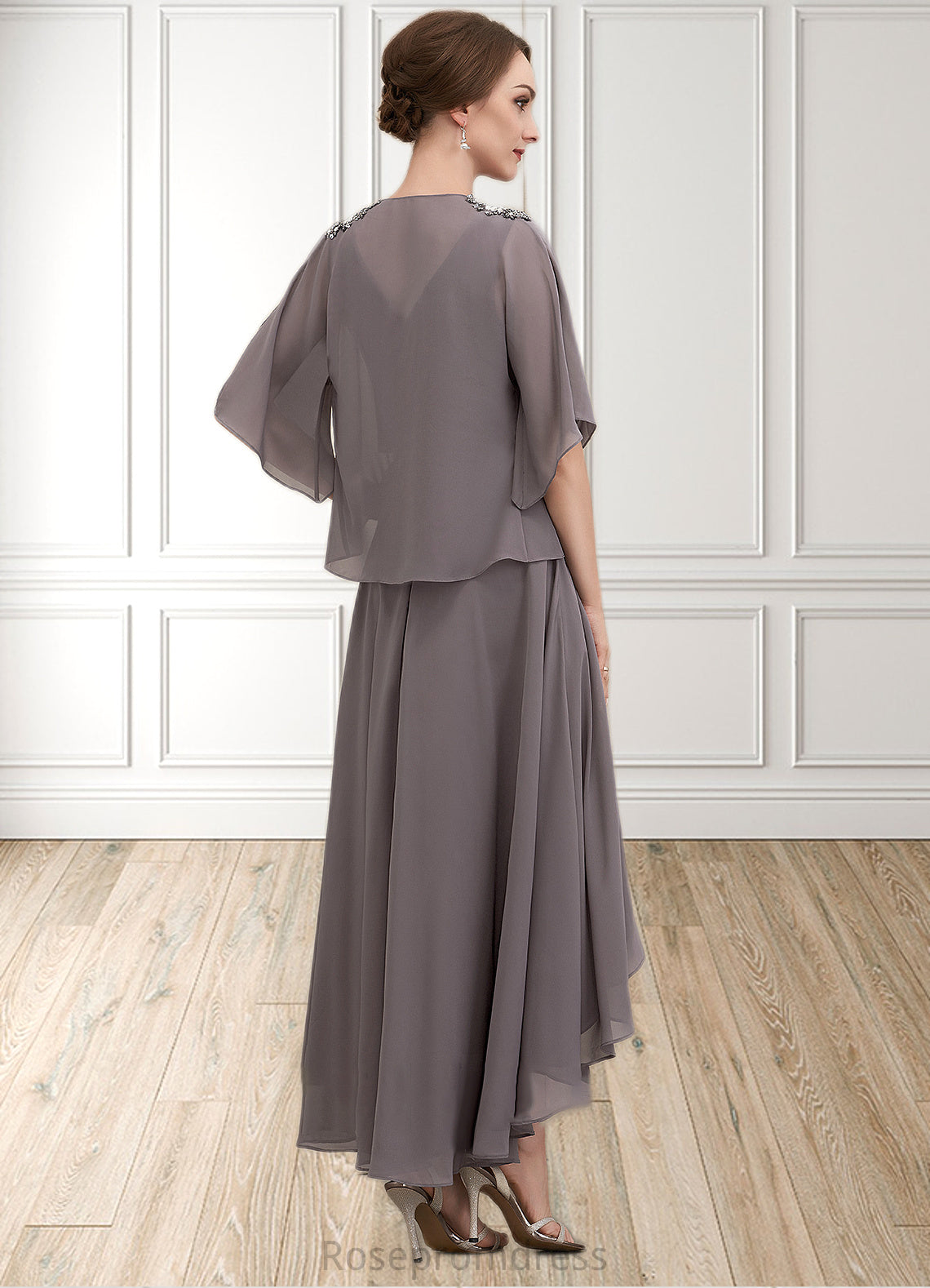 Eva A-line V-Neck Asymmetrical Chiffon Mother of the Bride Dress With Beading Sequins SRS126P0014656