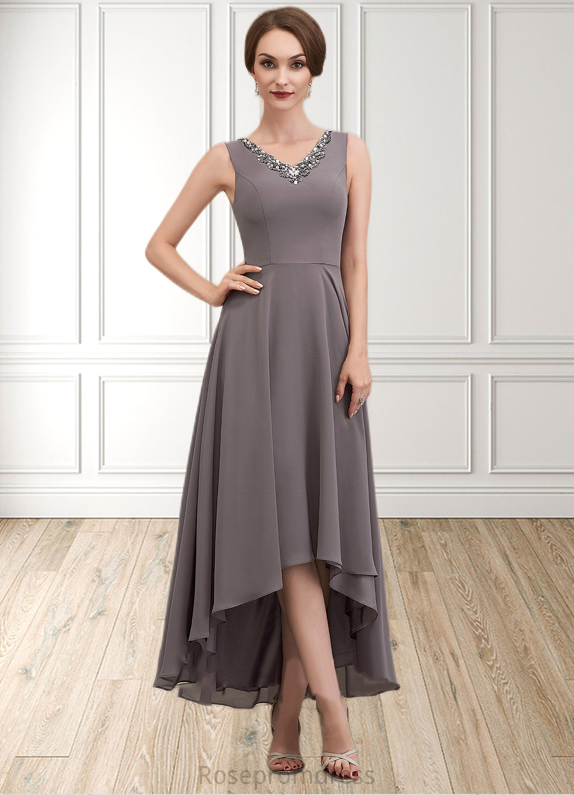Eva A-line V-Neck Asymmetrical Chiffon Mother of the Bride Dress With Beading Sequins SRS126P0014656
