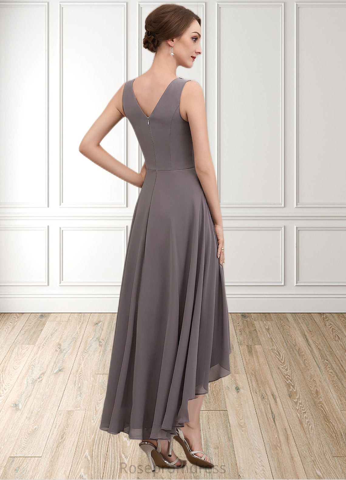 Eva A-line V-Neck Asymmetrical Chiffon Mother of the Bride Dress With Beading Sequins SRS126P0014656
