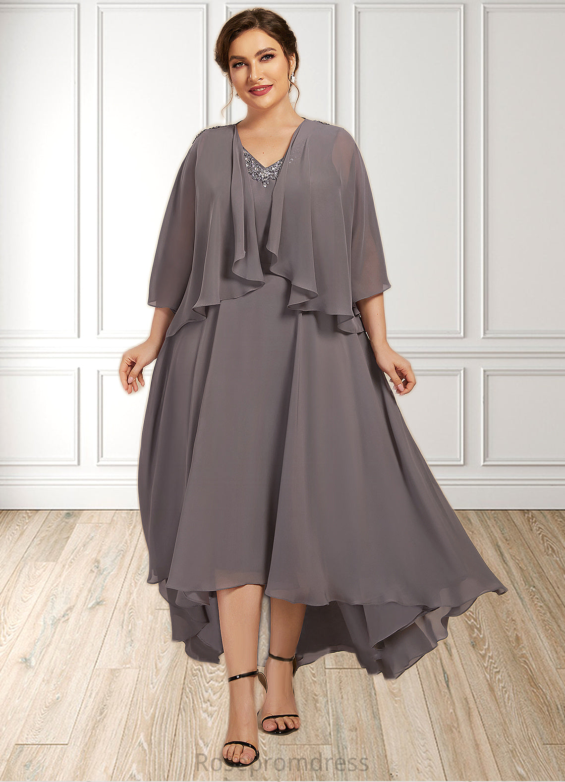 Eva A-line V-Neck Asymmetrical Chiffon Mother of the Bride Dress With Beading Sequins SRS126P0014656