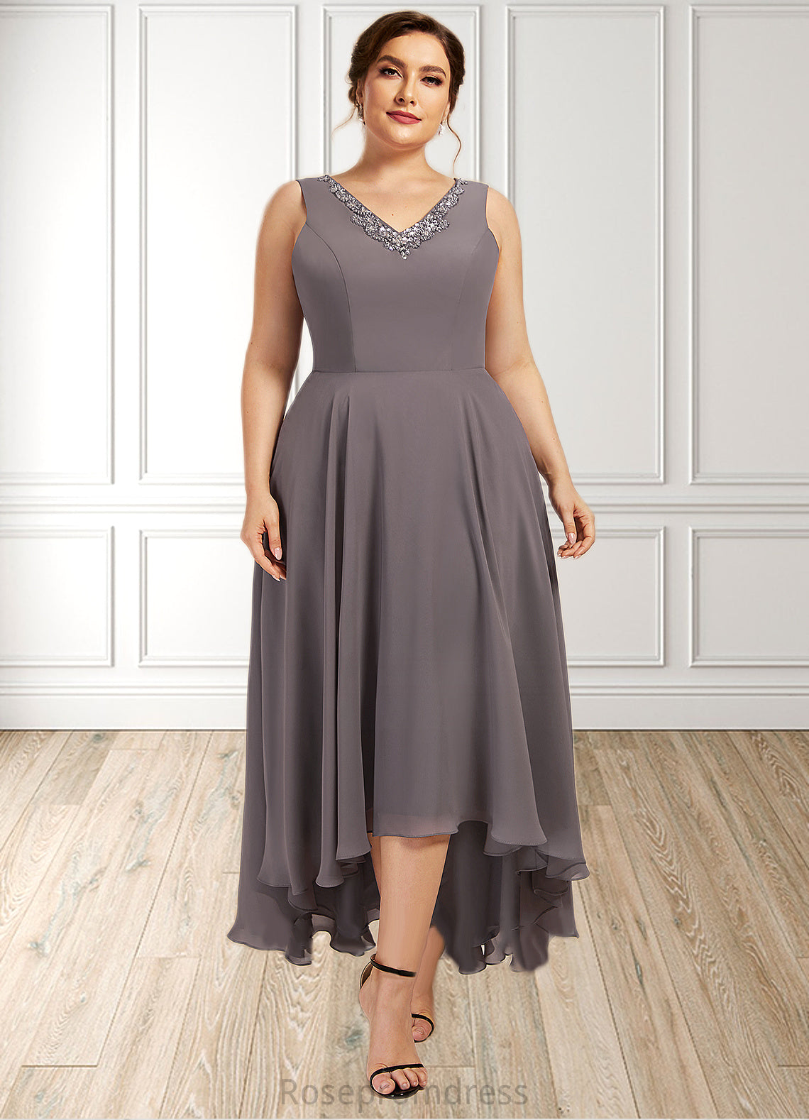 Eva A-line V-Neck Asymmetrical Chiffon Mother of the Bride Dress With Beading Sequins SRS126P0014656