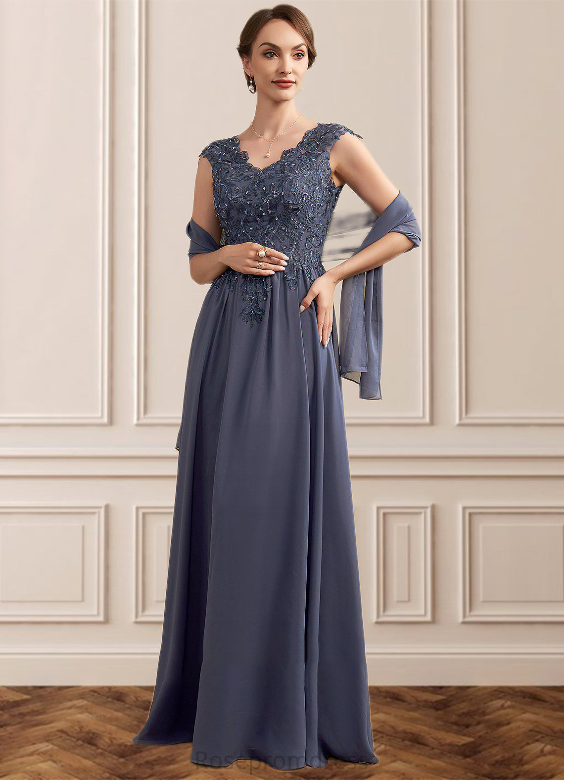 Khloe A-Line V-neck Floor-Length Chiffon Lace Mother of the Bride Dress With Beading Sequins SRS126P0014657