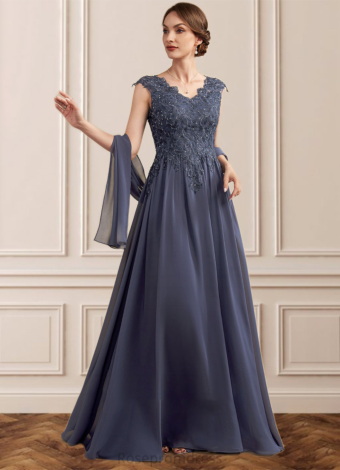 Khloe A-Line V-neck Floor-Length Chiffon Lace Mother of the Bride Dress With Beading Sequins SRS126P0014657