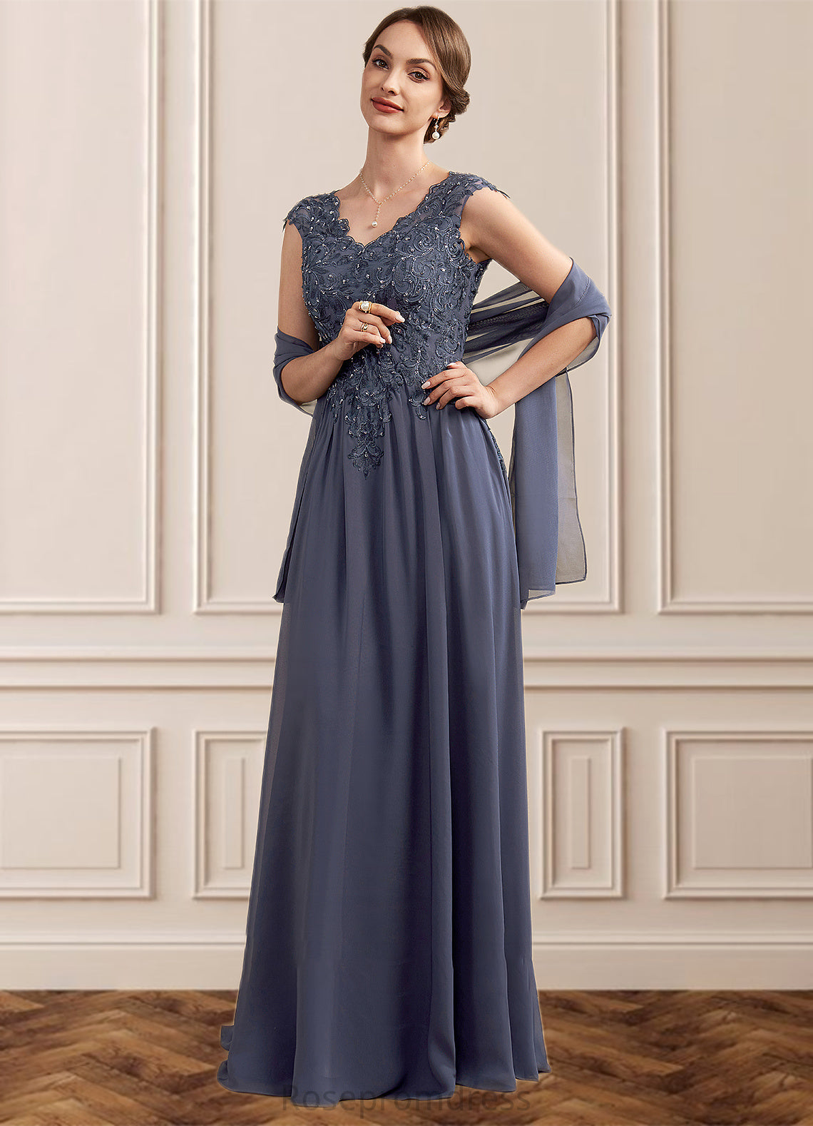 Khloe A-Line V-neck Floor-Length Chiffon Lace Mother of the Bride Dress With Beading Sequins SRS126P0014657
