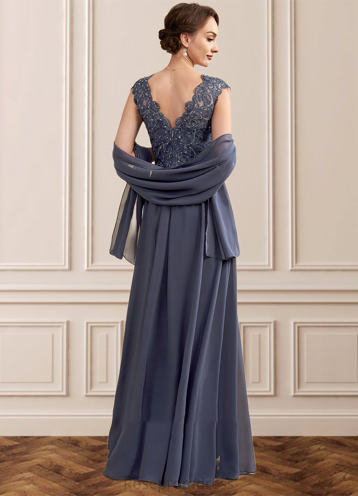 Khloe A-Line V-neck Floor-Length Chiffon Lace Mother of the Bride Dress With Beading Sequins SRS126P0014657