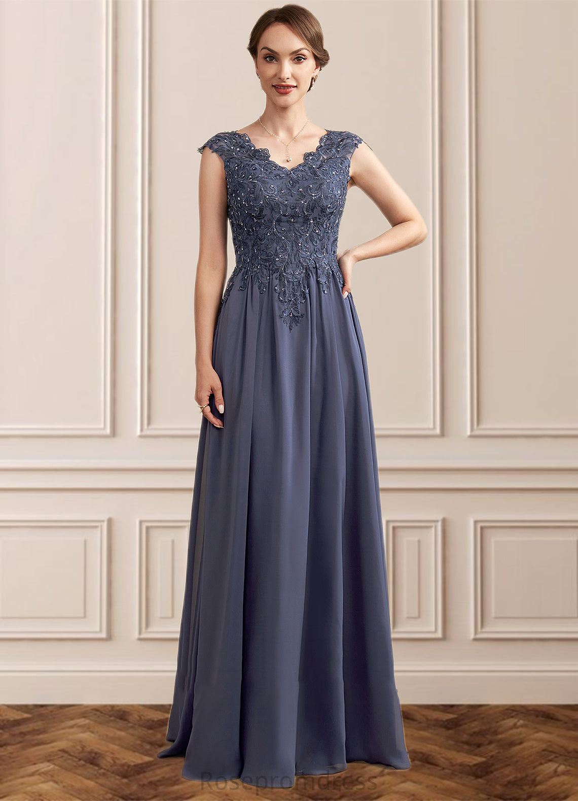 Khloe A-Line V-neck Floor-Length Chiffon Lace Mother of the Bride Dress With Beading Sequins SRS126P0014657