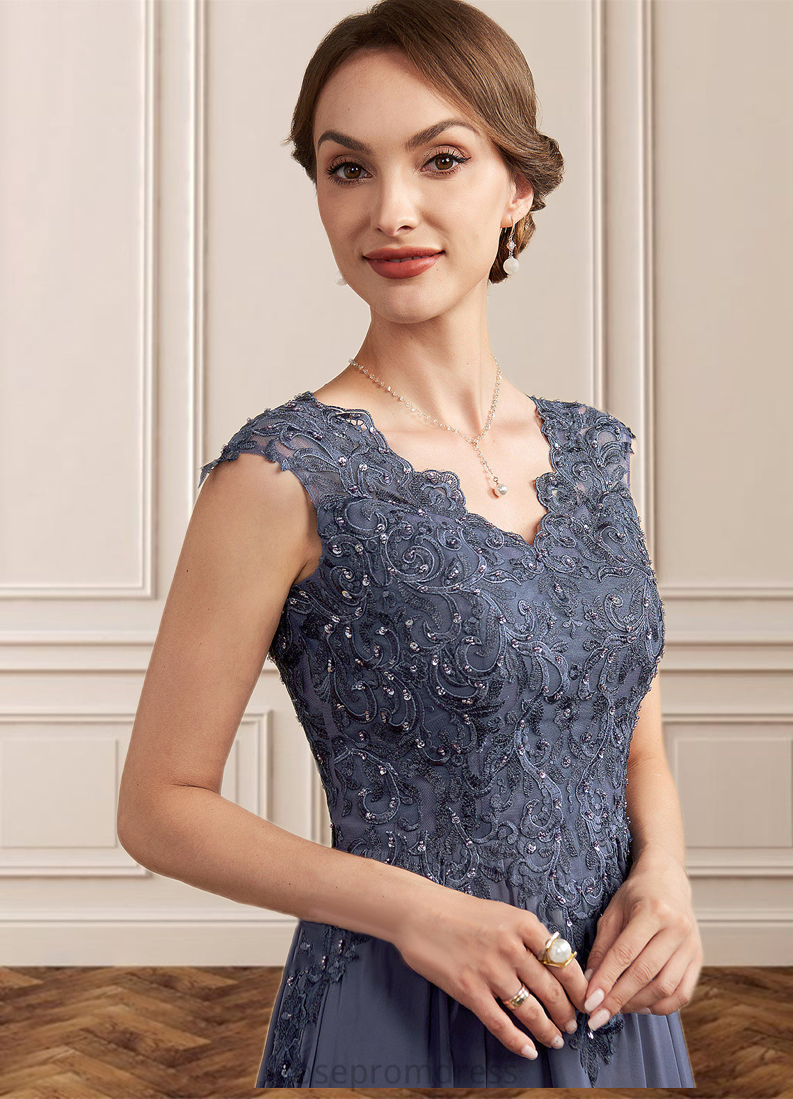 Khloe A-Line V-neck Floor-Length Chiffon Lace Mother of the Bride Dress With Beading Sequins SRS126P0014657