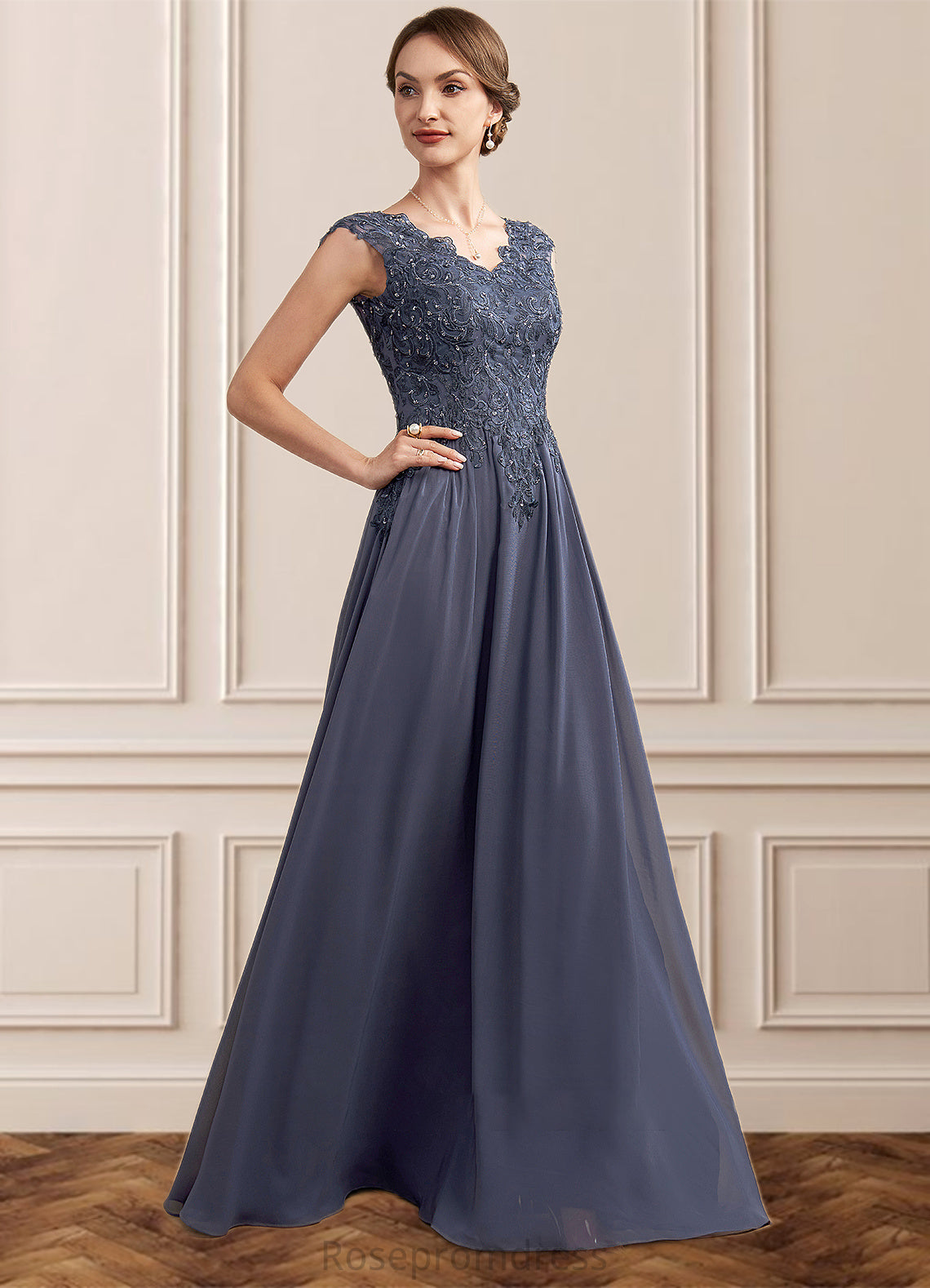 Khloe A-Line V-neck Floor-Length Chiffon Lace Mother of the Bride Dress With Beading Sequins SRS126P0014657