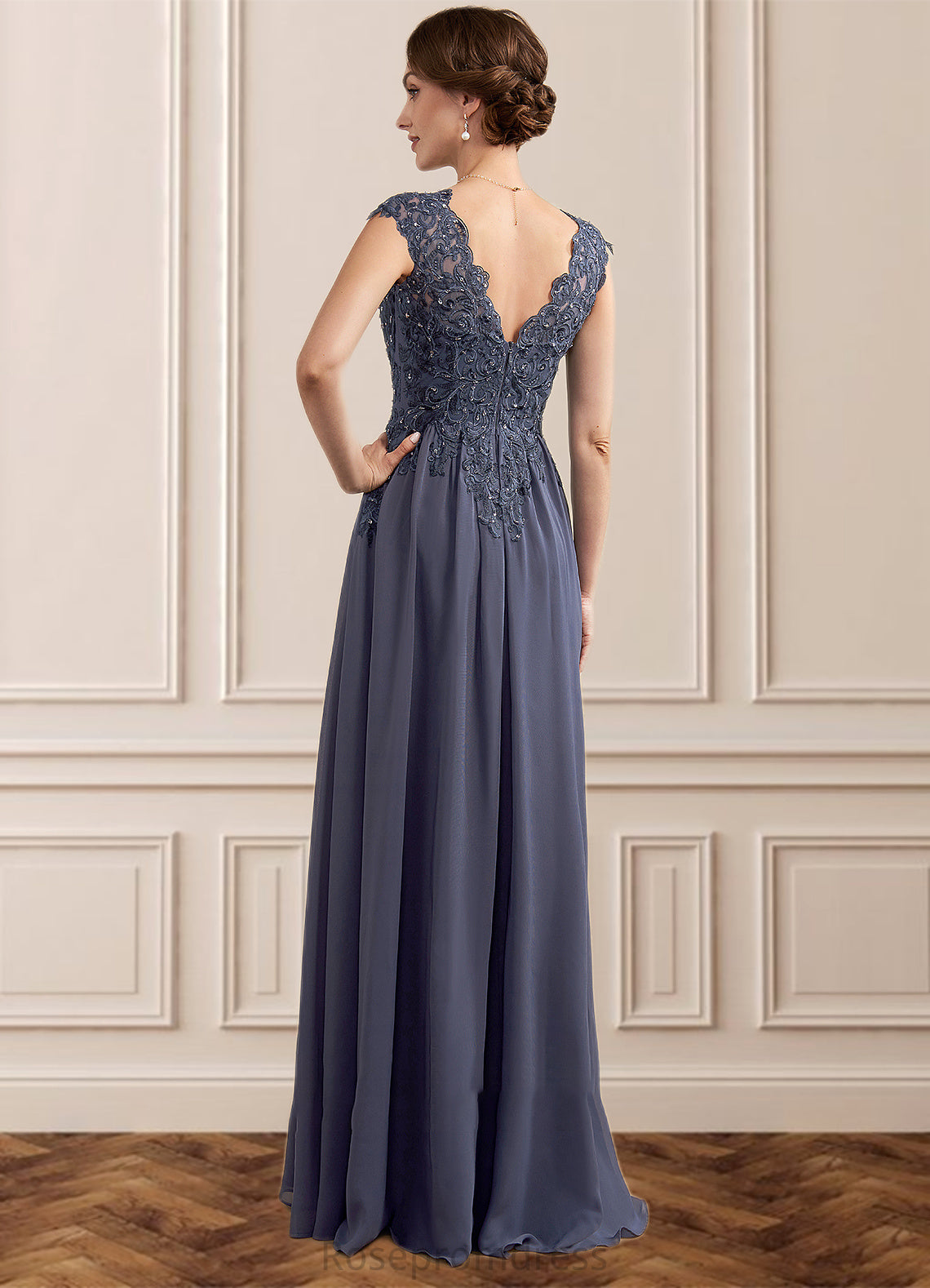 Khloe A-Line V-neck Floor-Length Chiffon Lace Mother of the Bride Dress With Beading Sequins SRS126P0014657