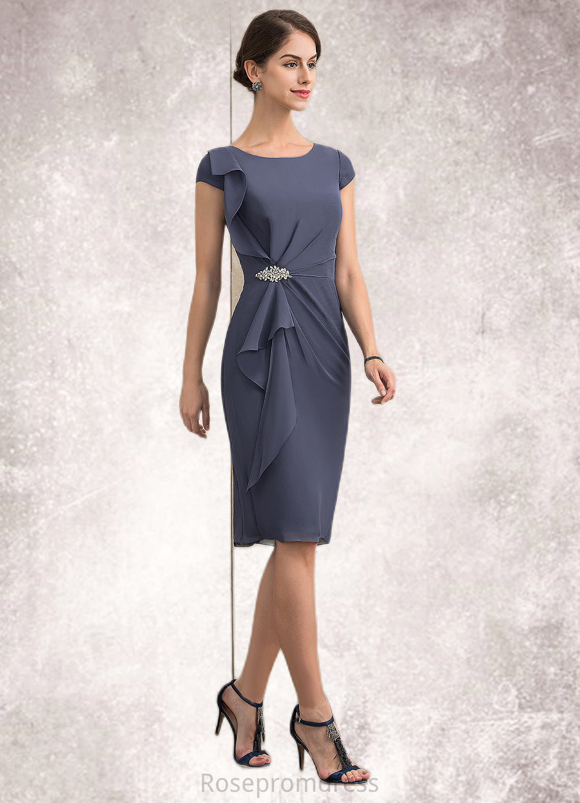 Violet Sheath/Column Scoop Neck Knee-Length Chiffon Mother of the Bride Dress With Beading Cascading Ruffles SRS126P0014660