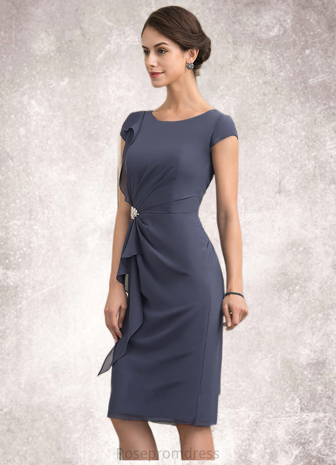 Violet Sheath/Column Scoop Neck Knee-Length Chiffon Mother of the Bride Dress With Beading Cascading Ruffles SRS126P0014660