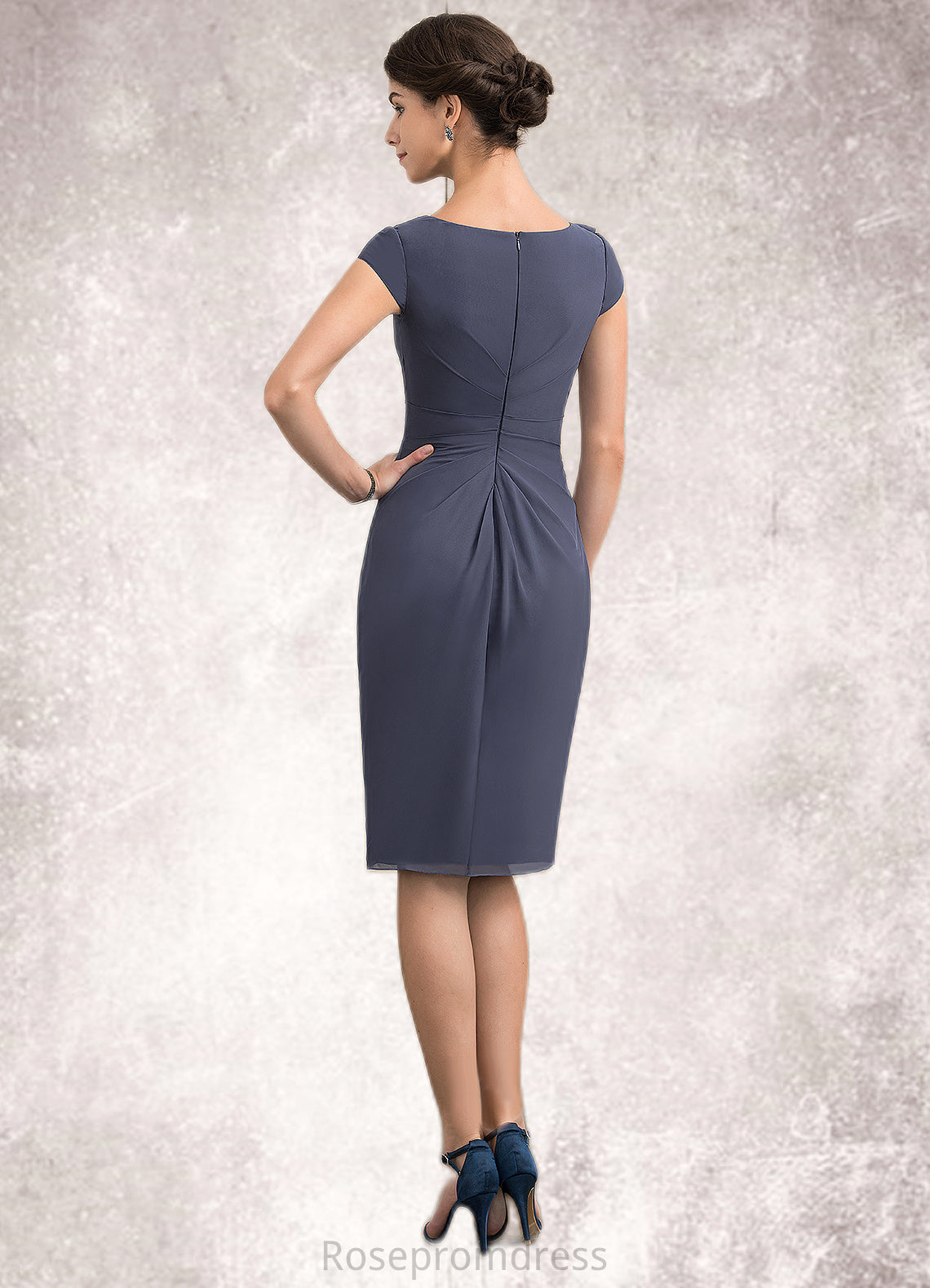 Violet Sheath/Column Scoop Neck Knee-Length Chiffon Mother of the Bride Dress With Beading Cascading Ruffles SRS126P0014660