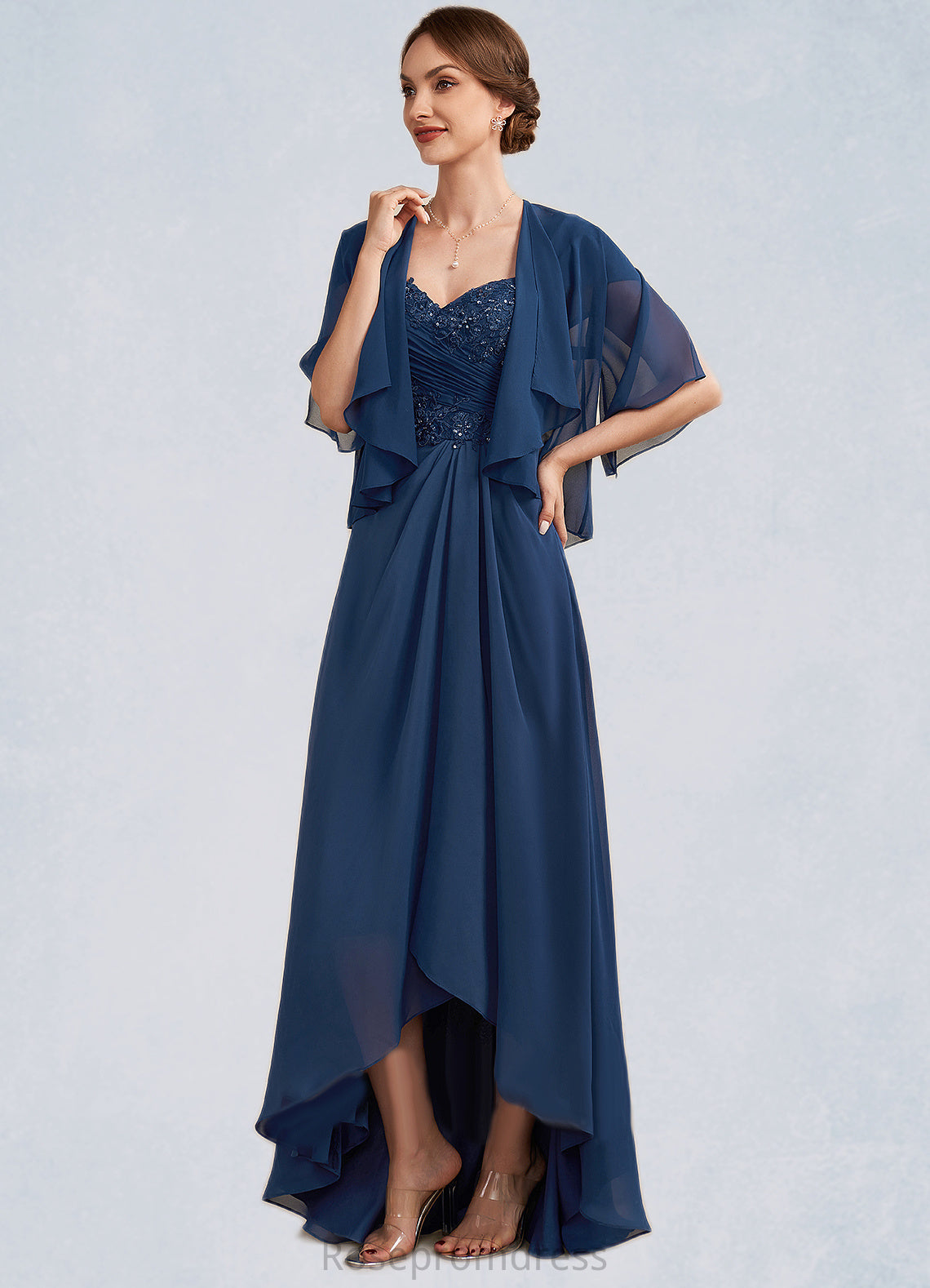 Khloe A-Line Sweetheart Asymmetrical Chiffon Lace Mother of the Bride Dress With Ruffle Beading Sequins SRS126P0014663