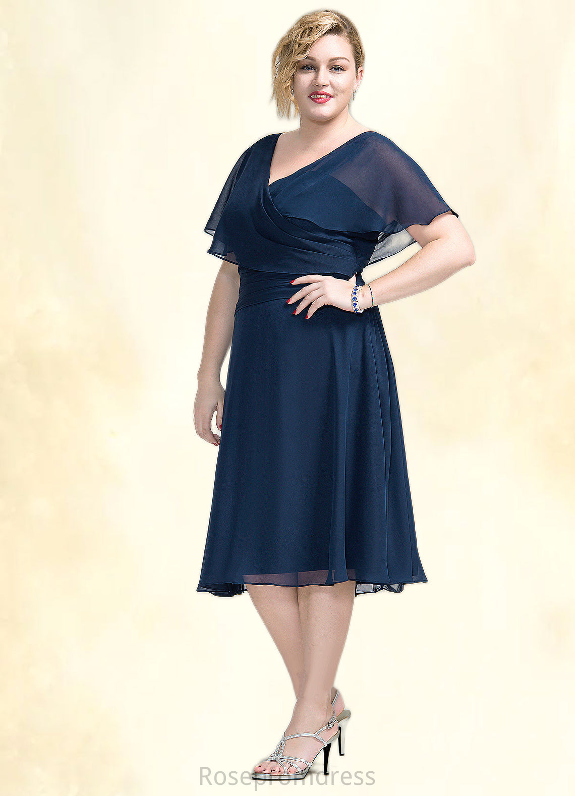 Janelle A-Line V-neck Knee-Length Chiffon Mother of the Bride Dress With Ruffle SRS126P0014664