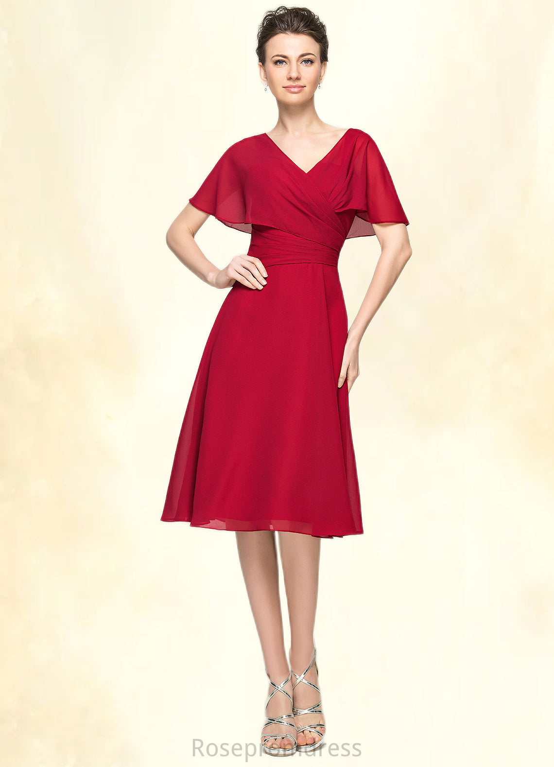 Janelle A-Line V-neck Knee-Length Chiffon Mother of the Bride Dress With Ruffle SRS126P0014664