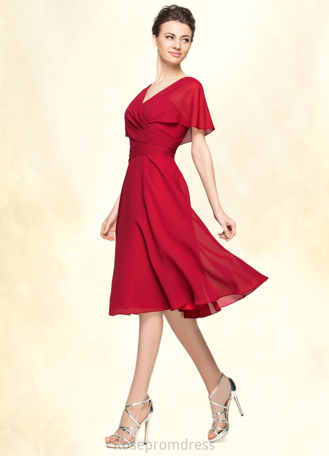 Janelle A-Line V-neck Knee-Length Chiffon Mother of the Bride Dress With Ruffle SRS126P0014664
