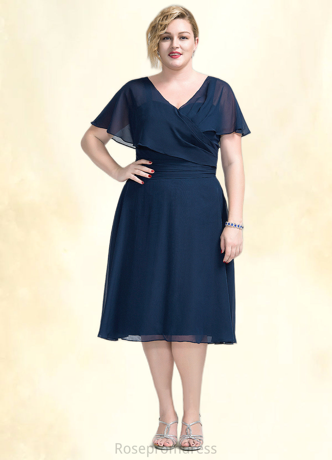 Janelle A-Line V-neck Knee-Length Chiffon Mother of the Bride Dress With Ruffle SRS126P0014664