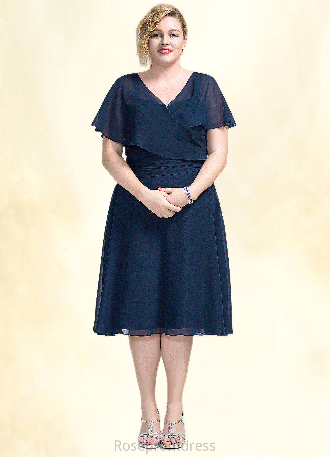 Janelle A-Line V-neck Knee-Length Chiffon Mother of the Bride Dress With Ruffle SRS126P0014664