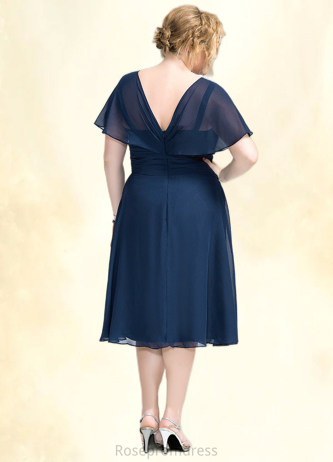 Janelle A-Line V-neck Knee-Length Chiffon Mother of the Bride Dress With Ruffle SRS126P0014664