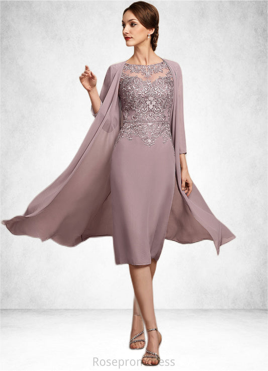 Ellie Sheath/Column Scoop Neck Knee-Length Chiffon Lace Mother of the Bride Dress With Beading Sequins SRS126P0014666