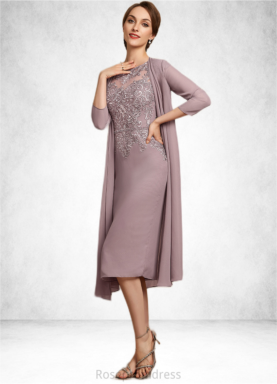 Ellie Sheath/Column Scoop Neck Knee-Length Chiffon Lace Mother of the Bride Dress With Beading Sequins SRS126P0014666