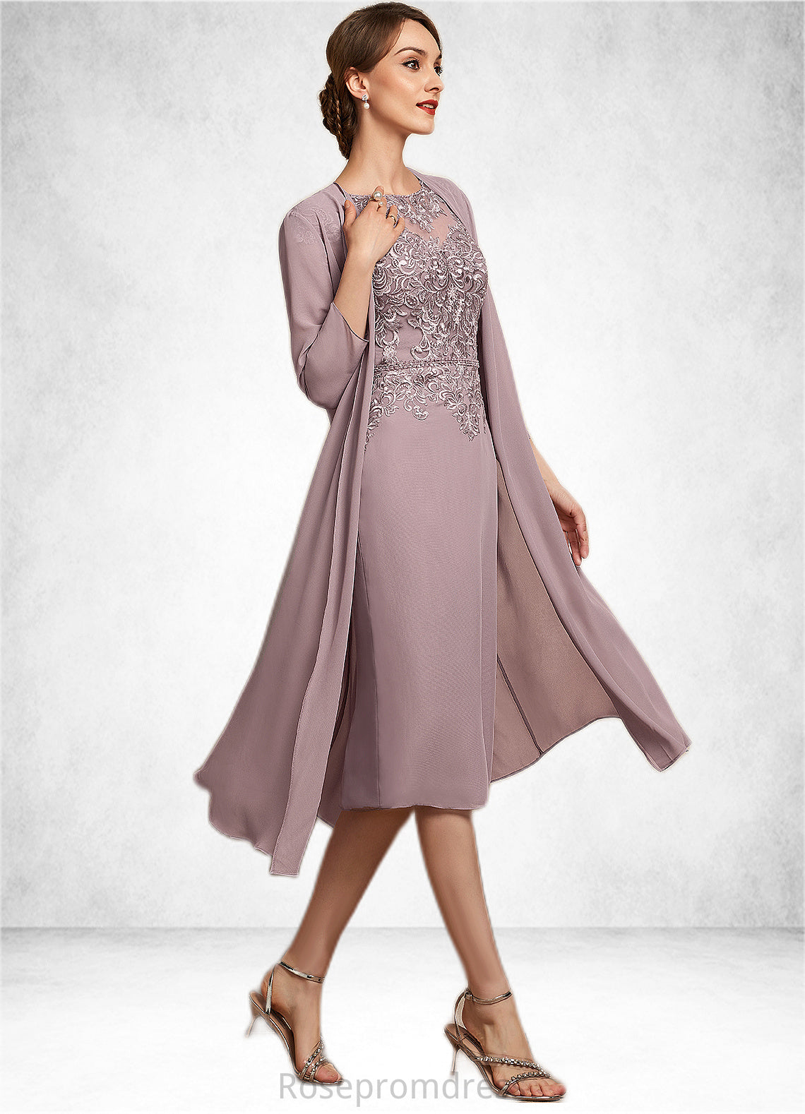 Ellie Sheath/Column Scoop Neck Knee-Length Chiffon Lace Mother of the Bride Dress With Beading Sequins SRS126P0014666