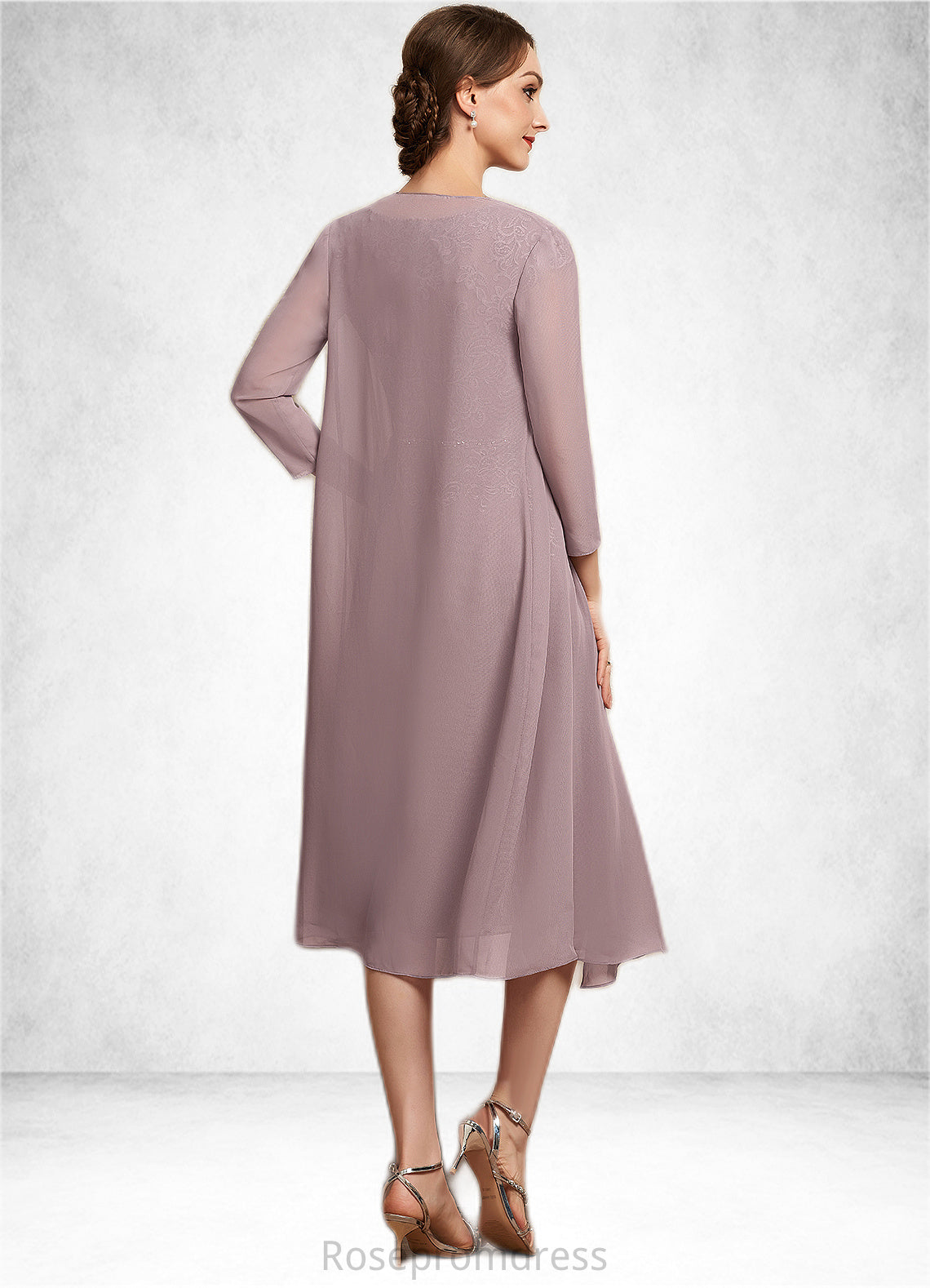 Ellie Sheath/Column Scoop Neck Knee-Length Chiffon Lace Mother of the Bride Dress With Beading Sequins SRS126P0014666