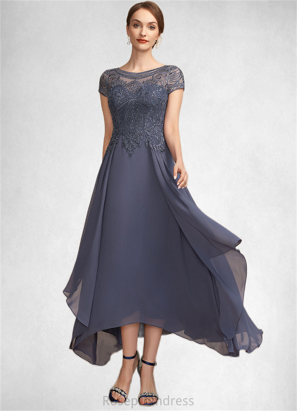 Caylee A-Line Scoop Neck Asymmetrical Chiffon Lace Mother of the Bride Dress With Sequins SRS126P0014667