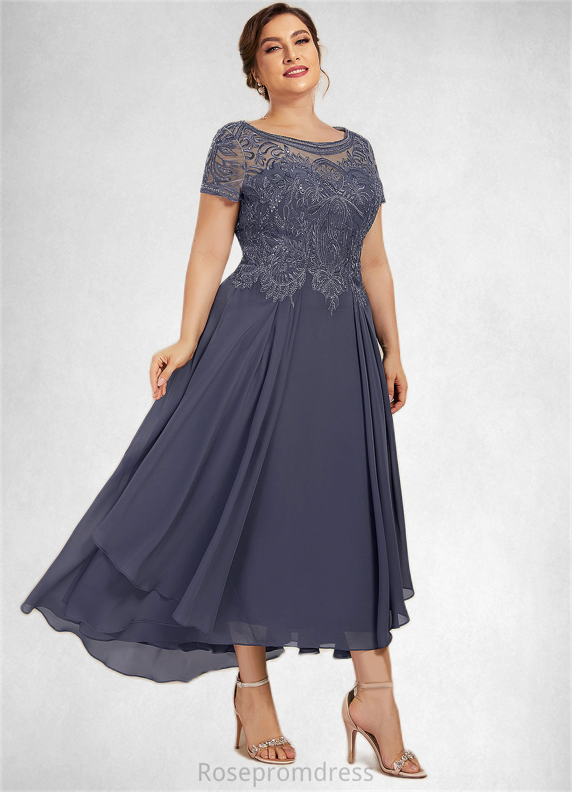 Caylee A-Line Scoop Neck Asymmetrical Chiffon Lace Mother of the Bride Dress With Sequins SRS126P0014667