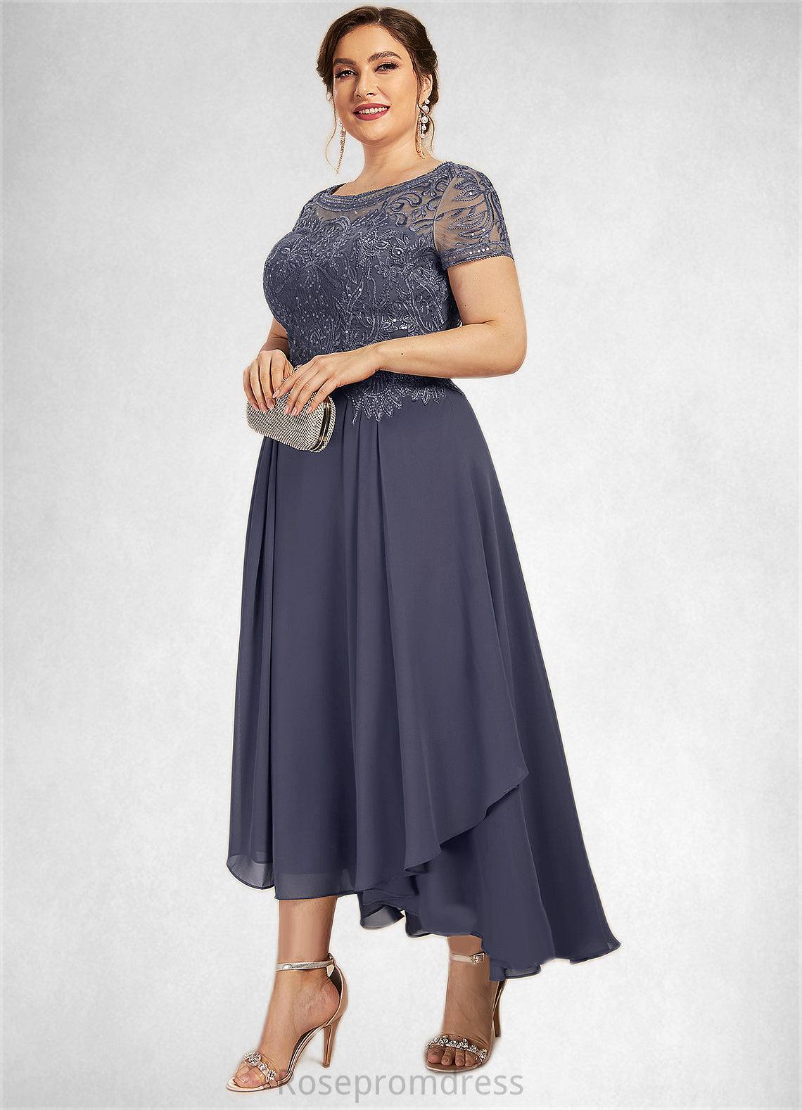 Caylee A-Line Scoop Neck Asymmetrical Chiffon Lace Mother of the Bride Dress With Sequins SRS126P0014667