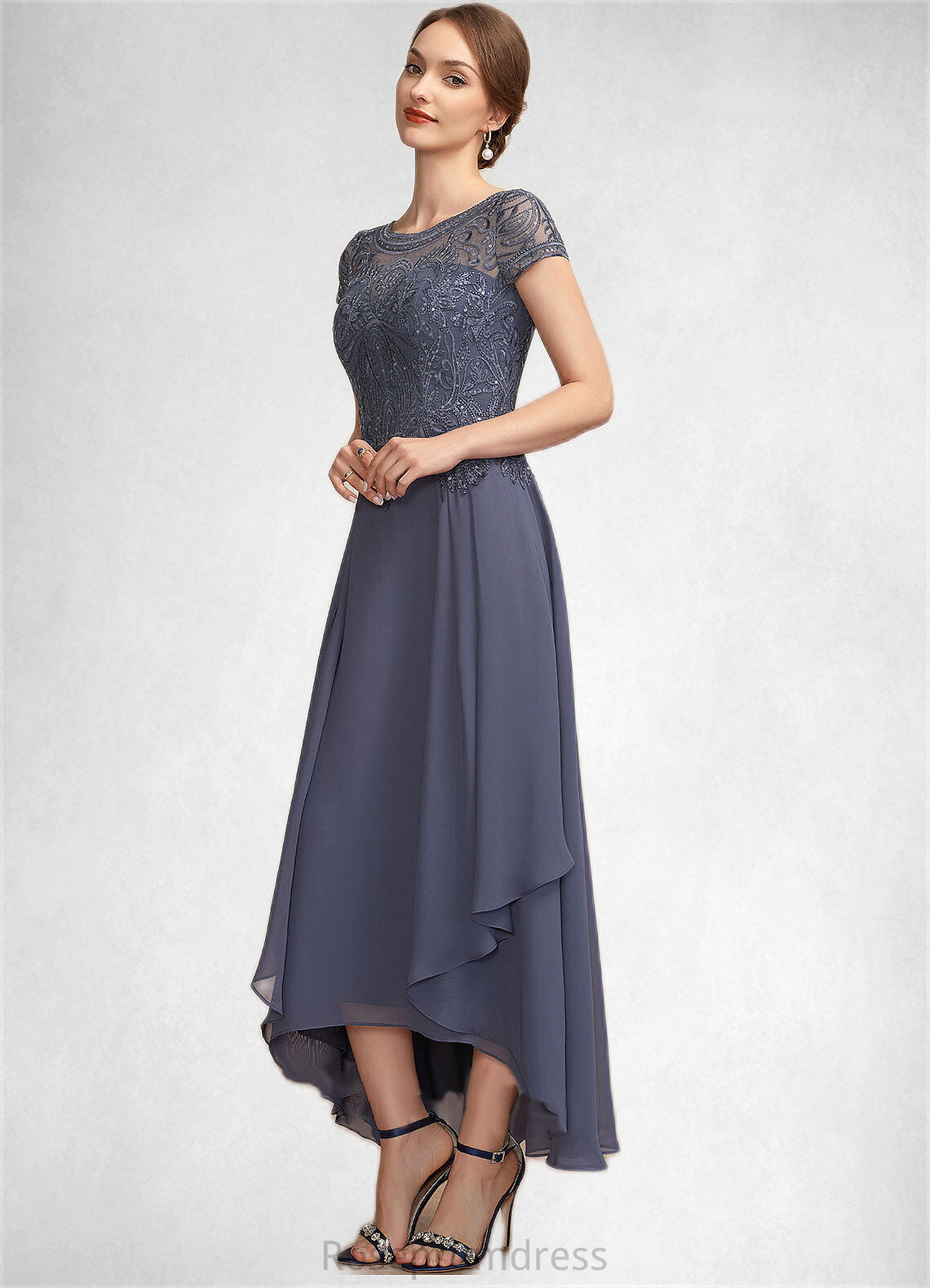 Caylee A-Line Scoop Neck Asymmetrical Chiffon Lace Mother of the Bride Dress With Sequins SRS126P0014667