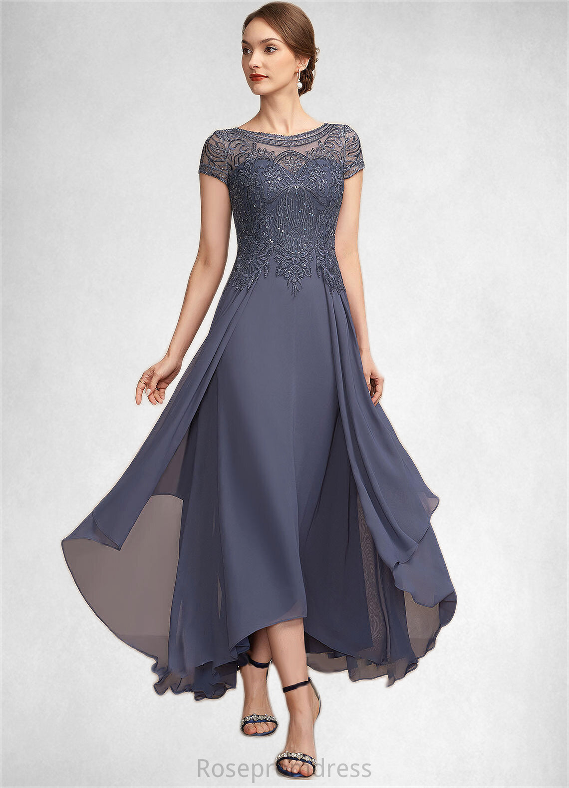 Caylee A-Line Scoop Neck Asymmetrical Chiffon Lace Mother of the Bride Dress With Sequins SRS126P0014667