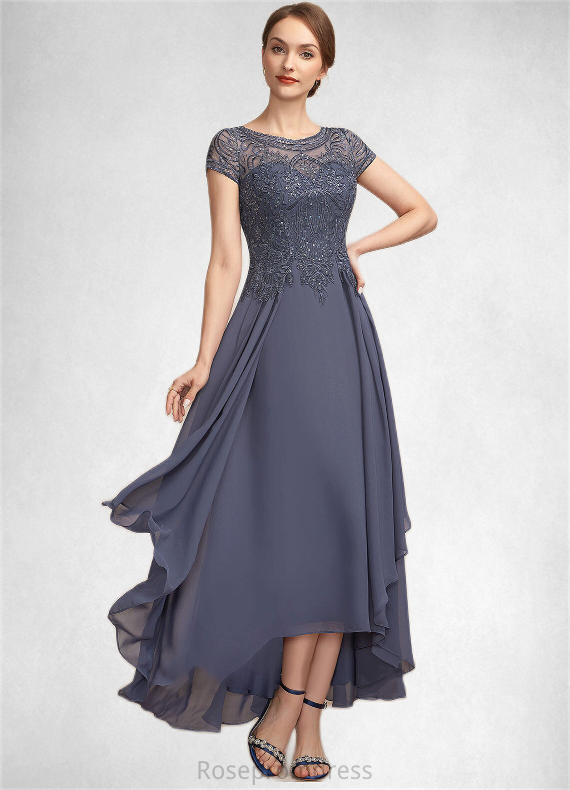 Caylee A-Line Scoop Neck Asymmetrical Chiffon Lace Mother of the Bride Dress With Sequins SRS126P0014667